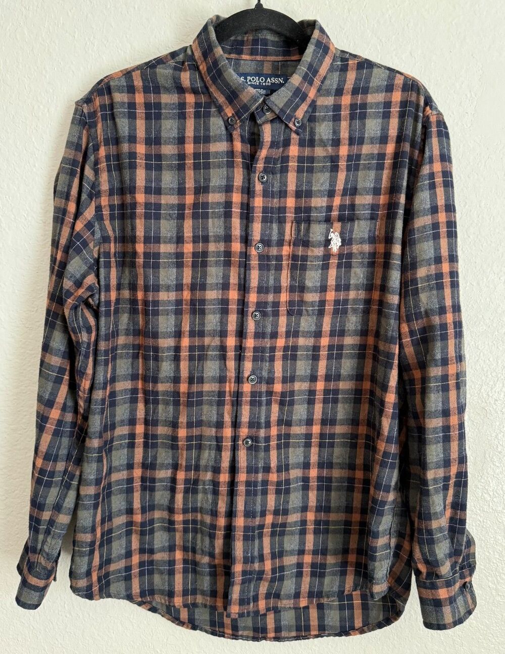 U.S Polo Assn. Men's Medium Plaid Button Down Long Sleeve Shirt Gray Brown Navy